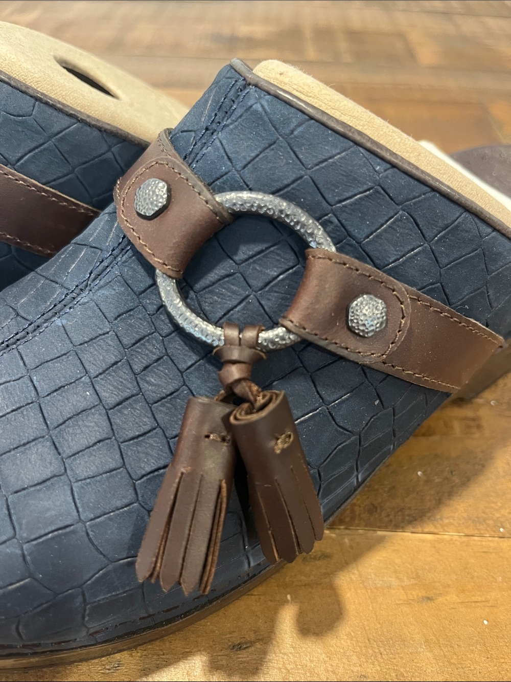 Dansko Navy Croc-Textured Slip-On Mules with Brown Strap - Picture 3 of 4